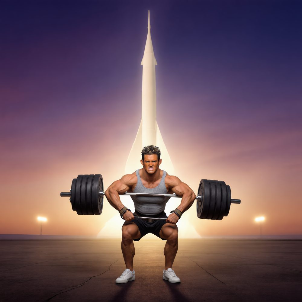 Elon Muskle holding a heavy deadlift on a launch pad in front of a rocket